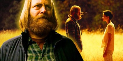 Nick Offerman looking serious in Devs with two people speaking in a field behind him