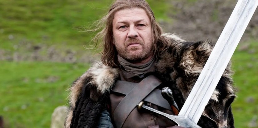 Sean Bean as Ned Stark with his sword in Game of Thrones season 1