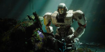 D-16 kneels down, looking at what appear to be the remains of Alpha Trion in Transformers One