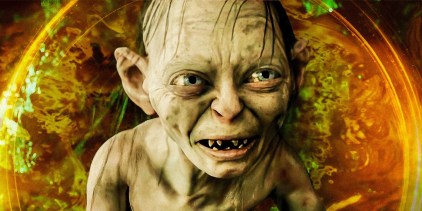 Gollum making an angry face against a swirling fire background in The Lord of the Rings
