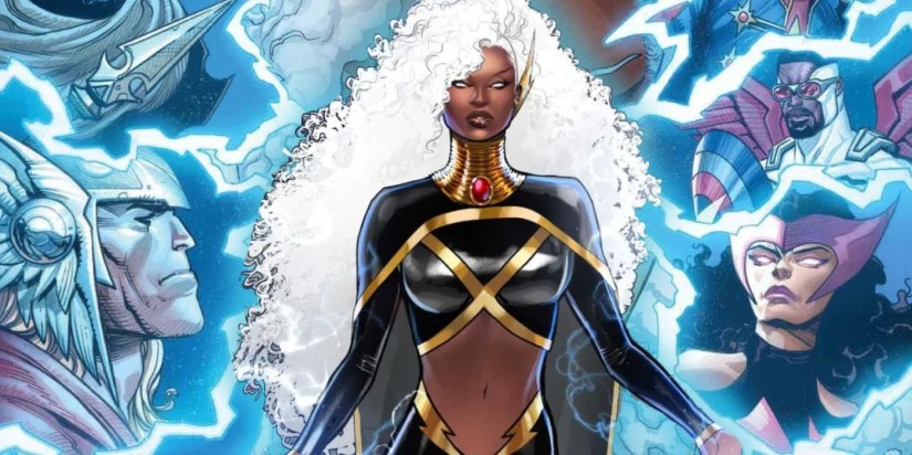 Storm conjuring lightning, surrounded by the profiles of her new Avengers teammates.