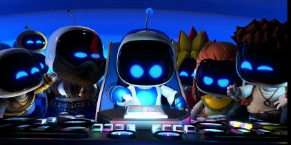 Astro Bot collection of characters looking at a button