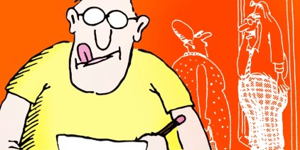 A man from Gary Larson’s Far Side (foreground) against a red backdrop with silhouetted Far Side characters in white.