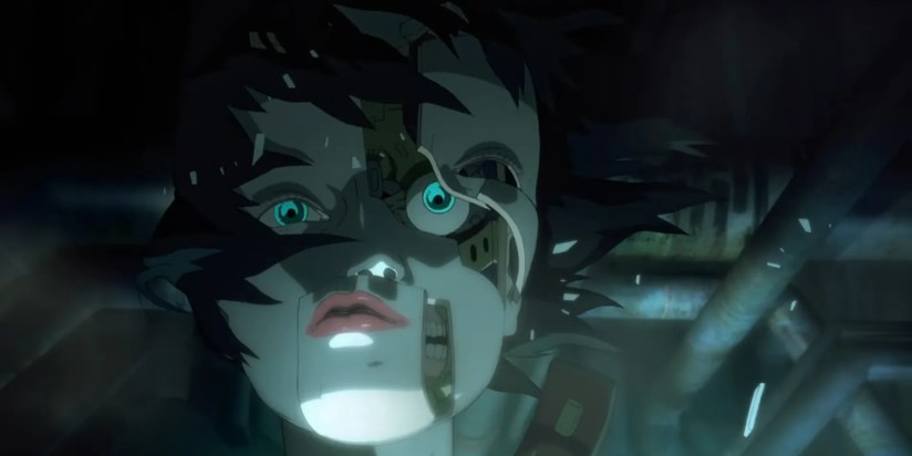 Ghost in the Shell 2 Innocence android with its face breaking apart and a blank expression.