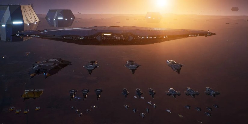 The Hiigaran Mothership and fleet in Homeworld 3
