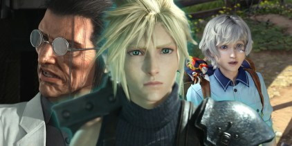 Cloud in front of Hojo and Chadley in FF7 Rebirth.