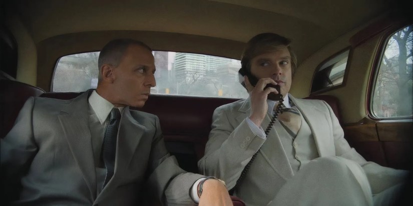 Jeremy Strong & Sebastian Stan sit in a limo in The Apprentice
