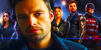 MCU Bucky Barnes over a pic of the official Thunderbolts team