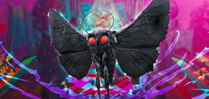 Mothman from Fallout 76 standing with his wings spread out.