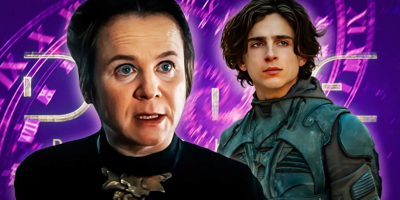 Paul Atreides (Timothée Chalamet) looking serious in Dune with Emily Watson as Valya Harkonnen from Dune: Prophecy