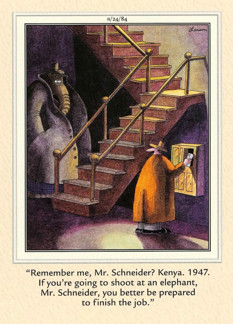 The Far Side elephant sneaks up on human