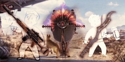 3 Unique Weapons from Fallout 4 with the Fallout boy silhouette in the background.