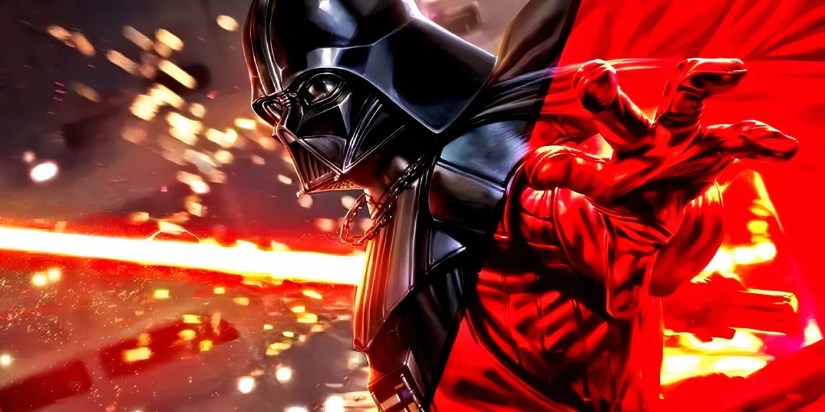 Darth Vader brandishing his lightsaber while wielding the dark side of the Force.
