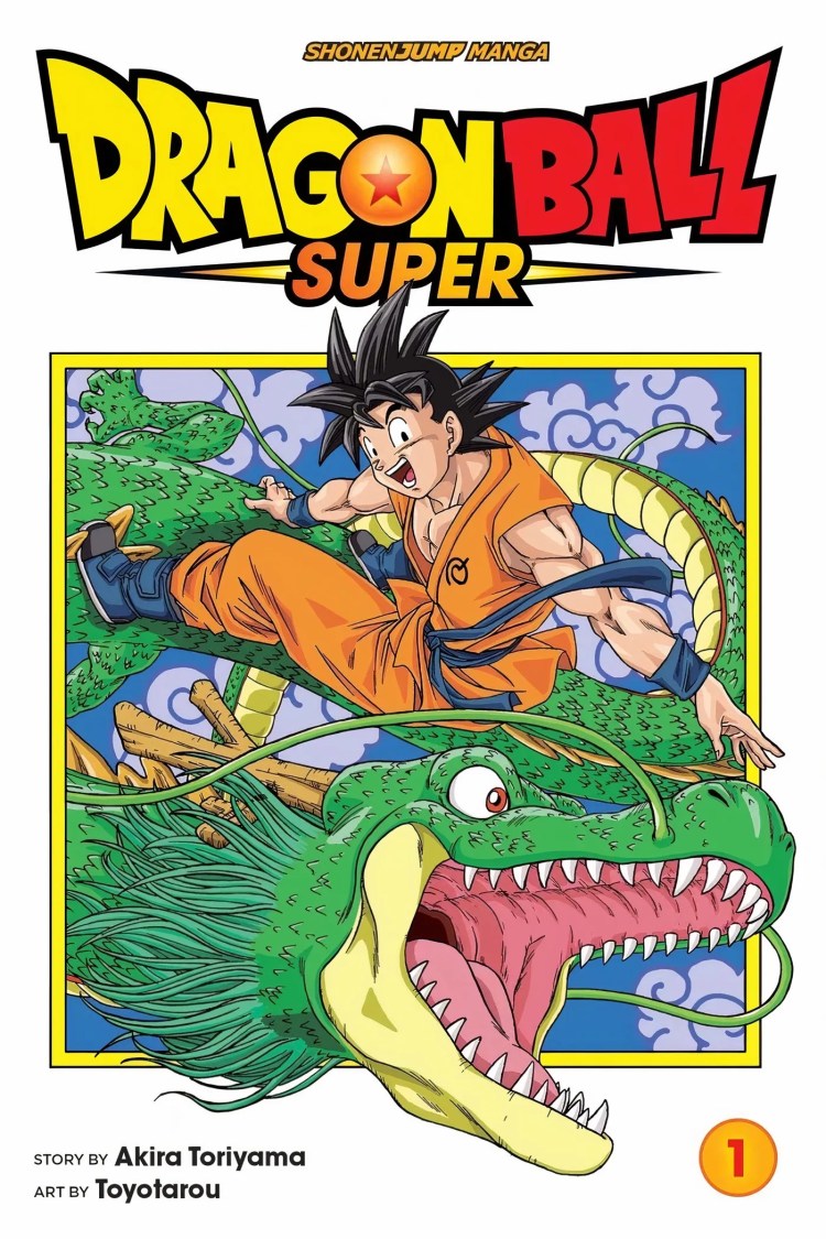 Goku riding on top of a green dragon.