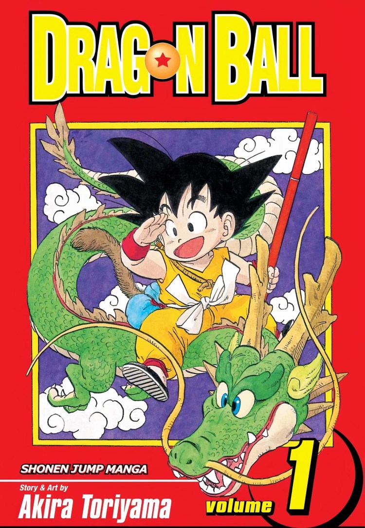 Child Goku riding through the sky on a green dragon in the first volume of Dragon Ball.,