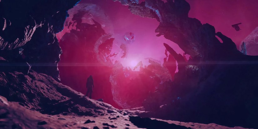 A player character stands in front of a rocky arch on a planet with a red sky in a screenshot from Starfield Shattered Space.