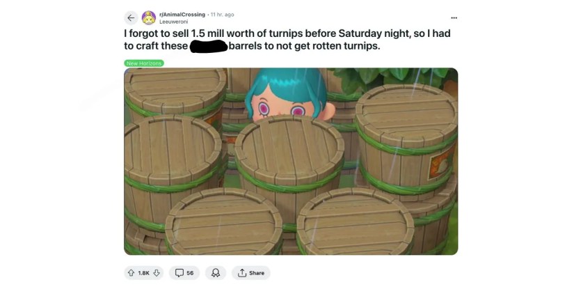 A Reddit post regarding Turnip barrels in AC:NH