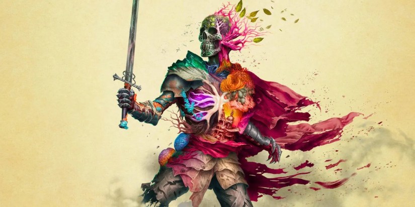 A skeleton with various splashes of color over its bones holding a sword in Avowed&rsquo;s key art.