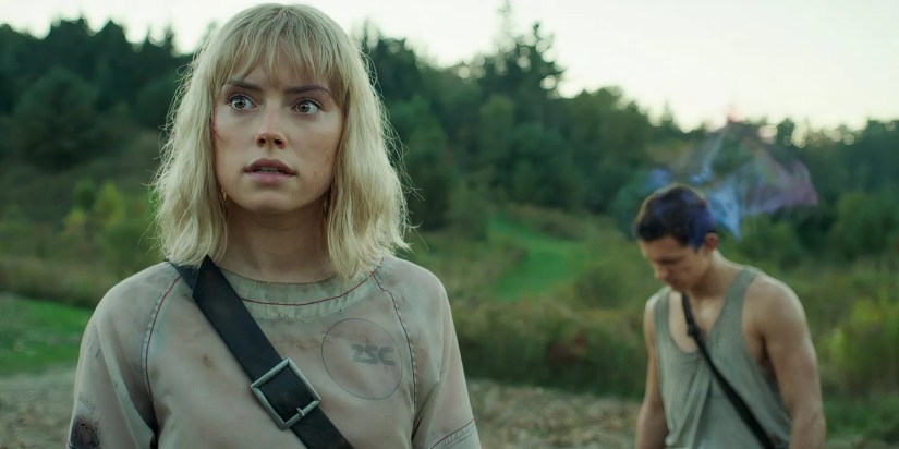 Chaos Walking&rsquo;s Viola looks ahead while Todd looks down trying to hide his noise.
