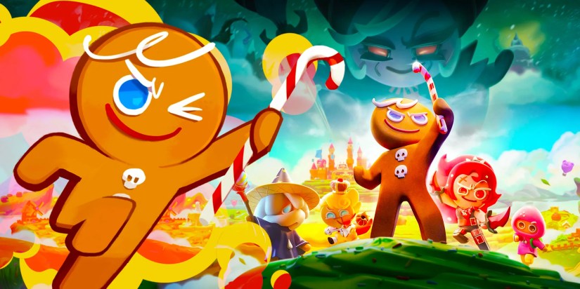 Cookie Run gingerbread character racing with candy cane with keyart in background