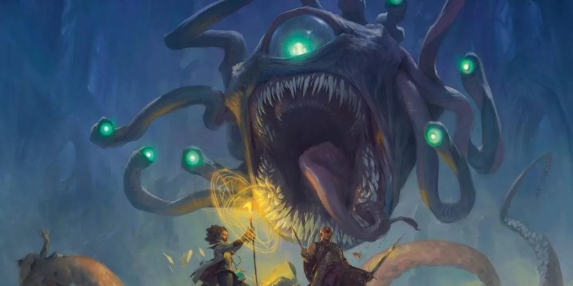 A massive Beholder attacks a party of adventurers in Baldur&rsquo;s Gate 3
