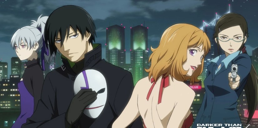 Yin, Hei, Chiaki and Misaki from Darker than Black pose against a city night skyline