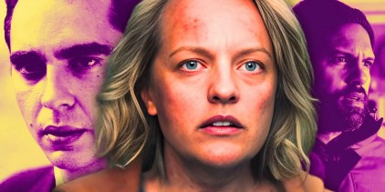 Elisabeth Moss as June Osborne looking shocked with Nick (Max Minghella) and Luke behind her in The Handmaid&rsquo;s Tale