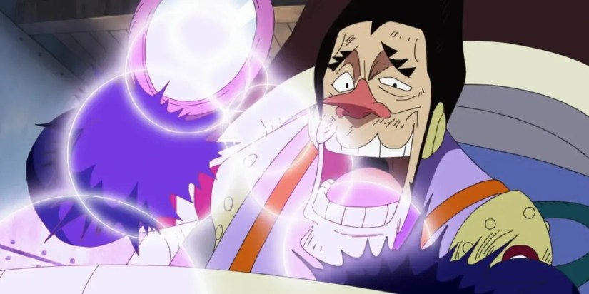 Captain Foxy using his Slow-Slow Fruit against Luffy in One Piece