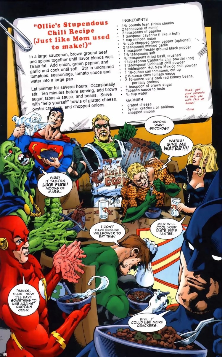 Comic book page: the Justice League try Green Arrow’s chili. A recipe is included.