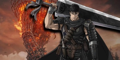 Guts from Berserk with a sword over his shoulder next to a Fire Golem from Elden Ring