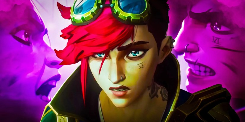 Vi (Hailee Steinfeld) from Arcane looking unsure with Jinx and Vi fighting in the background