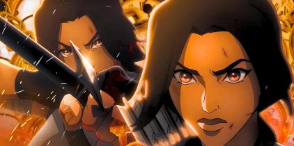 Hayley Atwell&rsquo;s Lara Croft looking serious and firing an arrow in Tomb Raider: The Legend of Lara Croft on Netflix