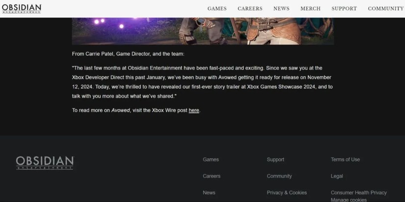 A screenshot of Obsidian&rsquo;s Avowed page with the game&rsquo;s release date