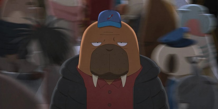 Odokawa stands amid a blurry crowd of anthropomorphic animals