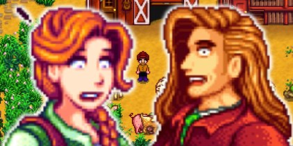 A shocked Leah and Elliot looking at the Farmer in Stardew Valley