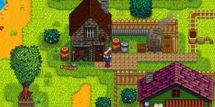The Stardew Valley farmer holding up a bone in front of Clint&rsquo;s house