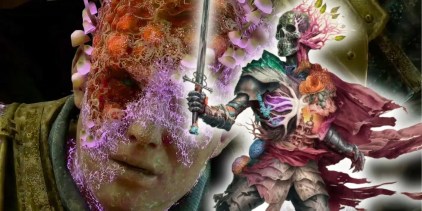 A skeleton with various fungal growths over the bones standing alongside a statue of a person with similar fungi