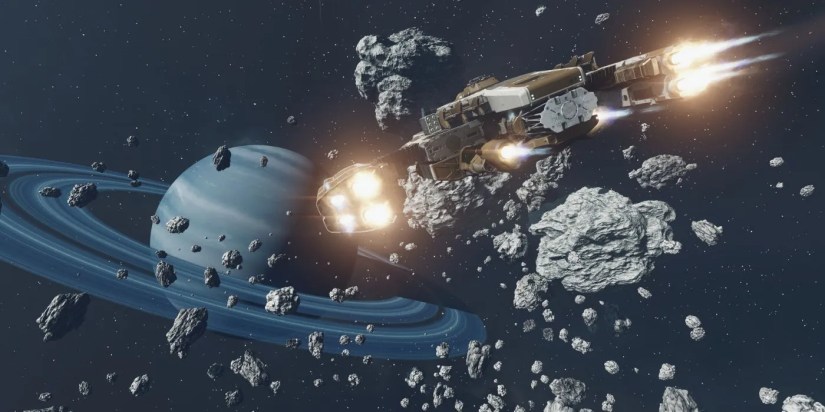 A Starfield ship flies through some asteroids towards a ringed planet