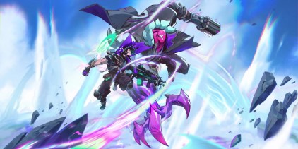 Supervive characters fighting in a blue and pink whirlwind, one has a large pink claw and a gun for an arm, another has a large rifle.