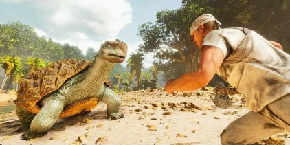 An Ark player approaches a giant tortoise with an ax in hand