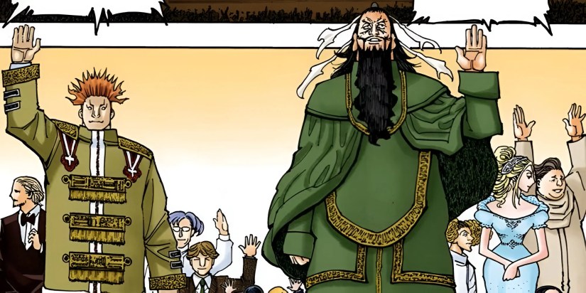 A series of Hunter x Hunter characters in fine clothes wave goodbye and smile.