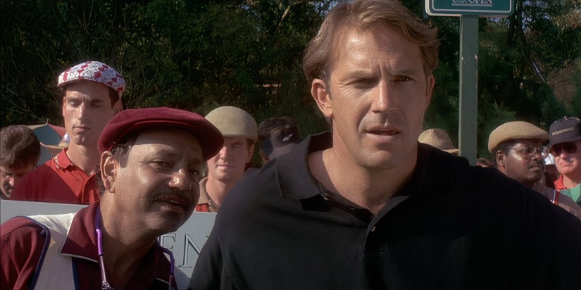 Cheech Marin and Kevin Costner look out onto the golf course.