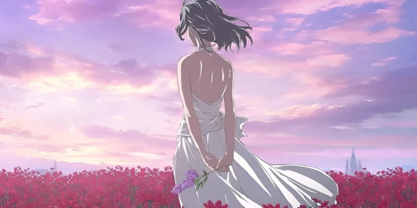 danmachi season 5 key visual featuring Syr in a dress holding lavender in front of a field of roses.