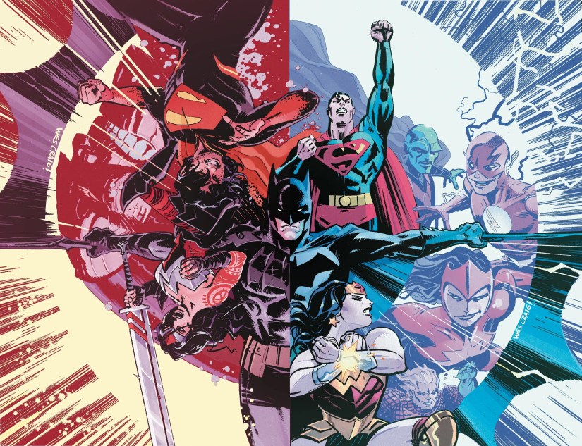 DC All In Special 1 Craig Variant Cover: a split image of the Justice League and the Absolute Universe Trinity.