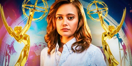 Ella Purnell as Jackie looking serious in Yellowjackets with Emmy Awards behind her