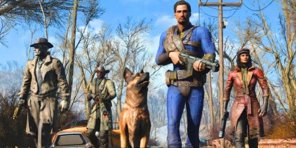 The Sole Survivor in Fallout 4 accompanied by Dogmeat, Piper, Nick Valentine, and Preston Garvey.