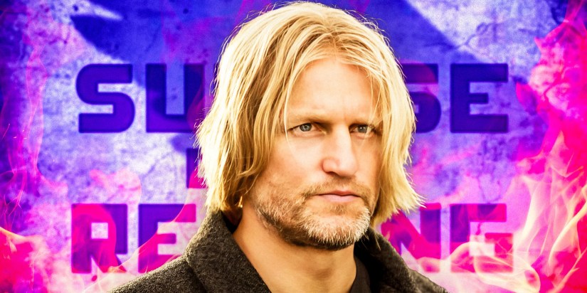 Woody Harrelson as Haymitch Abernathy in The Hunger Games with Sunrise on the Reaping’s logo as the background