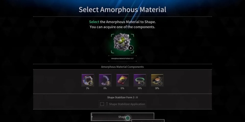 The component selection screen showing how to pick Amorphous Materials in The First Descendant