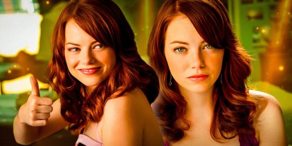 This image shows two cutouts of Emma Stone in Easy A