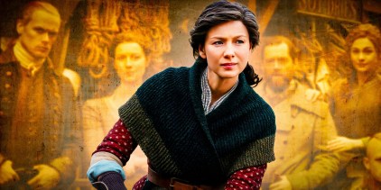 Caitríona Balfe as Claire looking serious in Outlander with imagery of the show&rsquo;s cast behind her